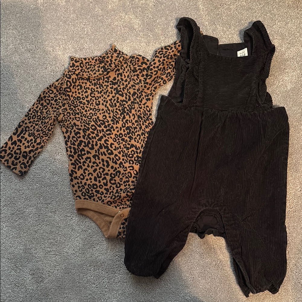 BabyGAP Leopard Print Onesie and Black Corduroy Overalls- One Piece Set